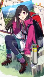 Rule 34 | 1girl, :d, backpack, bad id, bad twitter id, bag, blush, book, bookmark, brown hair, calendar (object), coat, cross-laced footwear, full body, grass, hair ornament, hairclip, head tilt, highres, hiking, homakou tozanbu diary, kneehighs, long hair, mountain, multicolored clothes, multicolored legwear, open book, open mouth, pants, pink eyes, postcard, shoes, sitting, sleeves past wrists, smile, socks, solo, striped clothes, striped pants, striped socks, swept bangs, tape, thermos, touzai (poppin phl95), vertical-striped clothes, vertical-striped socks, very long hair, white background