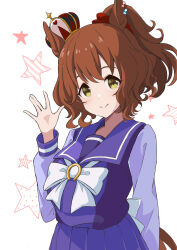 Rule 34 | 1girl, animal ears, arm at side, aston machan (umamusume), bow, bowtie, breasts, brown hair, closed mouth, crown, green eyes, hair ornament, hair scrunchie, hand up, highres, horse ears, horse girl, horse tail, long sleeves, looking at viewer, ponytail, purple shirt, purple skirt, school uniform, scrunchie, shiromaru illust, shirt, short hair, skirt, small breasts, smile, solo, star (symbol), tail, tracen school uniform, umamusume, upper body, waving, white background