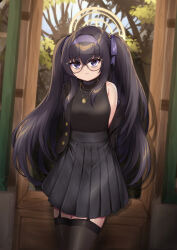 Rule 34 | absurdres, alternate costume, alternate hairstyle, bare shoulders, black hair, black jacket, black shirt, black skirt, black thighhighs, blue archive, breasts, commentary, flareza, garter straps, glasses, hair between eyes, hair ribbon, hairband, halo, highres, jacket, jacket partially removed, jewelry, long hair, looking at viewer, necklace, pendant, pleated skirt, purple eyes, purple hairband, purple ribbon, ribbon, round eyewear, shirt, sidelocks, skirt, sleeveless, sleeveless shirt, small breasts, thighhighs, twintails, ui (blue archive), zettai ryouiki