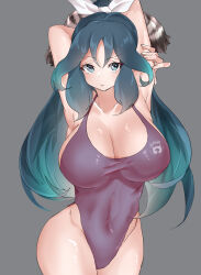 Rule 34 | 1girl, armpits, arms behind head, bare shoulders, black hair, black one-piece swimsuit, blue eyes, breasts, covered navel, green hair, highleg, highleg swimsuit, highres, huge breasts, japari symbol, kako (kemono friends), kemono friends, long hair, looking at viewer, multicolored hair, one-piece swimsuit, solo, swimsuit, wifi1981321