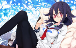 Rule 34 | 10s, 1girl, ahoge, bad id, bad pixiv id, bespectacled, black pantyhose, blush, breasts, glasses, highres, kantai collection, long hair, looking at viewer, low twintails, magatama, ogami kazuki, pantyhose, pillow, purple hair, red eyes, school uniform, serafuku, smile, solo, taigei (kancolle), thighband pantyhose, twintails