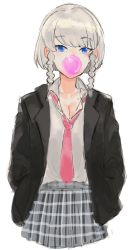 Rule 34 | 1girl, bad id, bad twitter id, black jacket, blue eyes, braid, breasts, blowing bubbles, chewing gum, cleavage, collared shirt, grey hair, grey shirt, grey skirt, hands in opposite sleeves, jacket, long sleeves, looking at viewer, necktie, open clothes, open jacket, original, pleated skirt, popped collar, red necktie, school uniform, shirt, short hair, simple background, skirt, solo, suisogenshi, white background, wing collar