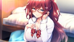 Rule 34 | 1girl, azarashi soft, bed, blue eyes, blurry, blurry background, blush, bow, bowtie, bra, breasts, cleavage, closed mouth, diagonal-striped neckwear, female focus, game cg, glasses, hair between eyes, head rest, highres, indoors, large breasts, light blush, long hair, looking at viewer, mole, mole on breast, nakatama kyou, ousaka ayane, pillow, red-framed eyewear, red hair, school uniform, see-through, semi-rimless eyewear, shirt, sitting, smile, solo, striped bow, striped bowtie, striped clothes, striped neckwear, toshishita kanojo, twintails, two side up, underwear, upper body, white shirt