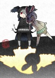Rule 34 | 2girls, animal ears, arms at sides, artist logo, backlighting, bird girl, bird tail, bird wings, black hair, blue eyes, buttons, chibi, closed mouth, detached sleeves, expressionless, full body, gloves, grey hair, hair over one eye, hand up, head wings, heterochromia, kemono friends, kemono friends 3, kishida shiki, leaning to the side, legs apart, long sleeves, looking at viewer, multicolored hair, multiple girls, open mouth, pantyhose, pleated skirt, rabbit ears, red eyes, shadow, shirt, short hair, skirt, smile, standing, standing on one leg, tail, thighhighs, tsukuyomi shinshi (kemono friends), two-tone hair, white hair, wide sleeves, wings, yatagarasu (kemono friends), yellow eyes, zettai ryouiki