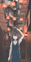 Rule 34 | 1girl, air conditioner, alley, animal, animal on head, black cat, brown eyes, brown hair, cat, cat on head, city, commentary, dark, dress, hand on own head, highres, hinami047, lantern, long hair, looking at viewer, muted color, night, on head, open mouth, original, paper lantern, sign, solo