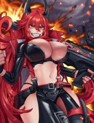 Rule 34 | 1girl, arapanchi, black gloves, breasts, chaps, cleavage, crop top, cropped jacket, explosion, fingerless gloves, gloves, goddess of victory: nikke, grin, hair between eyes, headgear, holding, holding weapon, horns, huge breasts, jacket, leather, leather jacket, long hair, mechanical horns, midriff, navel, orange eyes, red hair, red hood (nikke), red jacket, red scarf, scarf, smile, solo, unzipped, very long hair, weapon, zipper