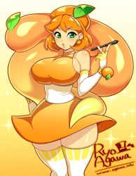 Rule 34 | 1girl, agawa ryou, artist name, bad id, bad tumblr id, blush, borrowed character, bracelet, breasts, dress, earrings, elbow gloves, fingerless gloves, food, fruit, gloves, green eyes, halterneck, hand on own hip, jewelry, lady orange, large breasts, leaf, leaf on head, lips, lipstick, makeup, nail polish, narrow waist, orange (fruit), orange dress, orange hair, orange lips, orange nails, orange theme, original, puckered lips, sash, short hair, sideboob, skindentation, solo, tail, thick lips, thick thighs, thighhighs, thighs, watermark, web address, white gloves, white thighhighs, wide hips