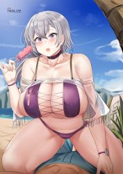 Rule 34 | 1boy, 1girl, artist name, azur lane, bare shoulders, beach, bikini, blue sky, blush, breasts, choker, cleavage, cloud, collarbone, commentary, cross-laced bikini, cross-laced bikini top, cross-laced clothes, day, earrings, food, food on body, girl on top, gluteal fold, green shorts, grey hair, groin, hair between eyes, hand up, highres, holding, holding food, jewelry, large breasts, long hair, lying, melting, midriff, navel, ocean, on back, open mouth, outdoors, palm tree, pixiv username, ponytail, popsicle, purple bikini, purple choker, purple eyes, reno (azur lane), reno (summer spin-off) (azur lane), see-through, shorts, sidelocks, skindentation, sky, solo focus, swimsuit, teeth, tnolize, tree, upper teeth only, watch, wristband, wristwatch