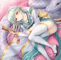 Rule 34 | 1girl, animal, aqua hair, ass, blush, breasts, cleavage, eyebrows, fate/grand order, fate (series), folding fan, giant snake, green hair, hair ornament, hand fan, highres, horns, japanese clothes, kimono, kiyohime (fate), light smile, long hair, looking at viewer, lying, no panties, on side, oversized animal, parted lips, pelvic curtain, sandals, shiny skin, smile, snake, solo, thighhighs, white snake, white thighhighs, yellow eyes, yuemanhuaikong