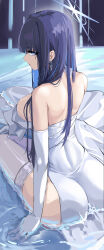 Rule 34 | 1girl, absurdres, ass, back, black hair, blue archive, blue eyes, blue hair, blue halo, breasts, colored inner hair, dress, earrings, elbow gloves, gloves, halo, highres, jewelry, large breasts, long hair, multicolored hair, official alternate costume, saori (blue archive), saori (dress) (blue archive), sitting, slug 1356, solo, strapless, strapless dress, thighhighs, white dress, white gloves, white thighhighs, yokozuwari