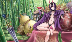 Rule 34 | 1girl, absurdres, alcohol, ankle ribbon, arrow (projectile), bamboo, bamboo forest, bare legs, barefoot, blush, breasts, collarbone, cup, day, fate/grand order, fate (series), forest, gourd, highres, horns, japanese clothes, jeffrey10, kimono, leg ribbon, long sleeves, looking at viewer, nature, navel, ofuda, parted lips, planted, planted sword, planted weapon, purple eyes, purple hair, purple ribbon, revealing clothes, ribbon, sakazuki, sake, short hair, shuten douji (fate), shuten douji (first ascension) (fate), sitting, skin-covered horns, small breasts, smile, solo, stomach, sword, weapon, wide sleeves