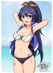 Rule 34 | 1girl, armpits, arms behind head, arms up, bikini, blue eyes, blue hair, blurry, blurry background, breasts, cleavage, collarbone, ganaha hibiki, hair scarf, happy birthday, highres, hood, hoodie, idolmaster, idolmaster million live!, long hair, looking at viewer, medium breasts, milliani, navel, open clothes, open mouth, ponytail, sidelocks, sky, sweat, swimsuit, wet