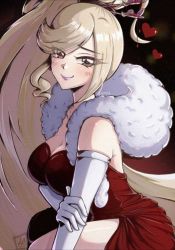 Rule 34 | 1girl, artist name, bare shoulders, blush, breasts, cleavage, dress, hair ornament, heart, heterochromia, highres, hilda (under night in-birth), long hair, looking at viewer, ponii, ponytail, red dress, sleeveless, sleeveless dress, smile, solo, swept bangs, under night in-birth, very long hair