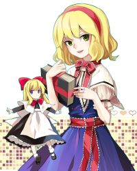 Rule 34 | 1girl, alice margatroid, alternate eye color, apron, blonde hair, book, bow, capelet, checkered background, dress, green eyes, grimoire, grimoire of alice, hair bow, headband, heart, huacai, huacai​, jewelry, lips, long hair, long sleeves, looking at viewer, mary janes, outstretched arms, parted lips, puffy short sleeves, puffy sleeves, purple eyes, ribbon, ring, sash, shanghai doll, shoes, short hair, short sleeves, simple background, solo, spread arms, touhou, waist apron, white background