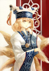Rule 34 | 1girl, acrylic paint (medium), ainu clothes, alternate costume, animal hat, arm up, bad id, bad pixiv id, blonde hair, fox tail, hat, hat with ears, jewelry, keiko (mitakarawa), long sleeves, looking to the side, medallion, mob cap, multiple tails, necklace, painting (medium), parted lips, mob cap, short hair, solo, striped, striped background, tail, tassel, touhou, traditional media, watercolor (medium), wide sleeves, yakumo ran, yellow eyes