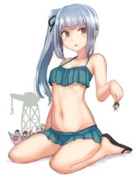 Rule 34 | 1girl, alternate costume, arm at side, armpits, bare shoulders, bikini, bikini skirt, breasts, brown eyes, collarbone, commentary request, contemporary, fairy (kancolle), green bikini, kantai collection, kasumi (kancolle), long hair, midriff, navel, open mouth, side ponytail, silver hair, sitting, small breasts, stomach, swimsuit, thighs, underboob, utopia