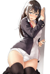 Rule 34 | 1girl, against wall, black footwear, black hair, black jacket, black thighhighs, blush, breasts, buttons, collared shirt, grey eyes, hair between eyes, highres, hip focus, jacket, kekemotsu, kneeling, loafers, long hair, looking at viewer, medium breasts, neck ribbon, one-piece swimsuit, open clothes, open jacket, open mouth, original, red neckwear, school swimsuit, shirt, shoes, simple background, solo, swimsuit, swimsuit under clothes, thighhighs, thighs, undone neck ribbon, white background, white one-piece swimsuit, white shirt