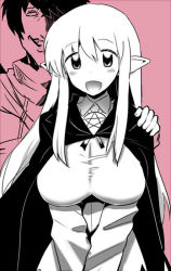 Rule 34 | 1girl, blush, breasts, large breasts, long hair, monochrome, open mouth, piaisai, pointy ears, simple background, smile, tiffania westwood, zero no tsukaima
