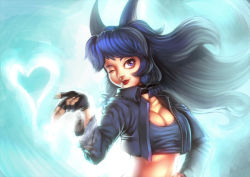 Rule 34 | 1girl, animal ears, blowing kiss, blue eyes, blue hair, breasts, cleavage, collar, crop top, cropped jacket, hand on own hip, heart, milestone celebration, koi drake, large breasts, lipstick, long hair, makeup, matching hair/eyes, midriff, original, solo, wink