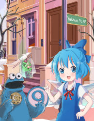 Rule 34 | 1girl, 2boys, :d, blue dress, blue eyes, blue hair, blush, bow, child, circled 9, cirno, city, cookie, cookie monster, cross-eyed, crossover, day, dress, food, frog, frozen, frozen frog, hand on own hip, hip focus, kermit the frog, looking at viewer, m/, multiple boys, muppets, open mouth, outdoors, parody, pun, ribbon, sesame street, short hair, sixten, smile, snow, touhou, tree, wings, winter, yukkuri shiteitte ne
