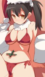 Rule 34 | 10s, 1girl, 9law, alternate costume, arm support, bad id, bad pixiv id, belly, bikini, blush, breasts, brown eyes, cameltoe, christmas, cleavage, hat, highres, kaga (kancolle), kantai collection, large breasts, long hair, navel, red bikini, santa hat, side ponytail, solo, string bikini, swimsuit, twintails