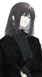 Rule 34 | 1boy, absurdres, alternate costume, alternate hair color, black hair, black jacket, blue eyes, closed mouth, earrings, expressionless, fate/grand order, fate (series), from below, frown, highres, jacket, jewelry, long sleeves, looking at viewer, male focus, medium hair, no cape, no wings, nokoru sora, oberon (fate), oberon (third ascension) (fate), simple background, solo, spoilers, upper body, white background