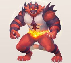 absurdres, claws, colored sclera, commentary, creatures (company), fangs, fangs out, fire, full body, game freak, gen 7 pokemon, green eyes, grey background, highres, incineroar, nintendo, papyuuno, parted lips, paws, pokemon, pokemon (creature), solo, standing, toes, yellow sclera