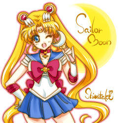 Rule 34 | 1girl, ;d, bishoujo senshi sailor moon, blonde hair, blue eyes, blue sailor collar, blue skirt, bow, brooch, character name, choker, cowboy shot, crescent, crescent facial mark, double bun, earrings, elbow gloves, facial mark, forehead mark, gloves, hair ornament, hairpin, hand on own hip, jewelry, long hair, looking at viewer, lowres, magical girl, moon stick, one eye closed, open mouth, outline, red bow, sailor collar, sailor moon, shirataki kaiseki, signature, skirt, smile, solo, tsukino usagi, twintails, wand, white background, white gloves