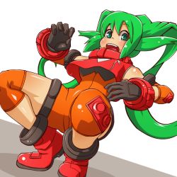 Rule 34 | 00s, 1girl, :d, black gloves, blush, bodysuit, gloves, green eyes, green hair, long hair, looking at viewer, matching hair/eyes, open mouth, orange bodysuit, red footwear, red shirt, shiny skin, shirt, shoes, sleeveless, sleeveless shirt, smile, solo, solty rei, solty revant, squatting, twintails, white background, yamipaseri