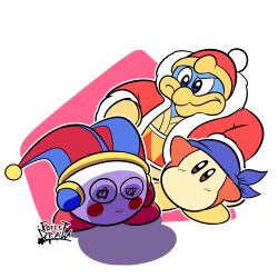 Rule 34 | absurdres, animal, artist name, bandana, bandana waddle dee, blue bandana, blue eyes, blue headwear, colored skin, crossover, depressed, forest draw, fur-trimmed robe, fur-trimmed sleeves, fur trim, gloves, hat, hat bell, highres, jester cap, king dedede, kirby, kirby (series), long sleeves, looking at another, looking down, nintendo, no mouth, open clothes, open robe, pom pom (clothes), pomni (the amazing digital circus), red robe, red sash, robe, sash, shadow, simple background, solid oval eyes, the amazing digital circus, triangle print, two-tone sash, white background, yellow gloves, yellow sash