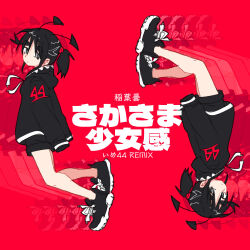 Rule 34 | 1girl, @ @, afterimage, album cover, bare legs, black eyes, black footwear, black hair, black jacket, black shorts, commentary, cover, english commentary, expressionless, full body, highres, inabakumori, jacket, jean bomjan, looking at viewer, medium hair, multiple views, original, red background, rotational symmetry, sakasama shoujokan (vocaloid), shoes, short ponytail, shorts, side ponytail, simple background, sleeves past fingers, sleeves past wrists, sneakers, translation request, upside-down