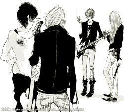 Rule 34 | 4boys, belt, boots, cigarette, denim, fashion, guitar, instrument, jacket, jeans, long hair, male focus, monochrome, multiple boys, pants, pants tucked in, short hair, simple background, smoking, takenaka, torn clothes, watermark, wristband, yellow theme