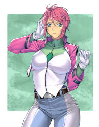 Rule 34 | 00s, 1girl, belt, blue eyes, blush, breasts, cropped jacket, feldt grace, gloves, gundam, gundam 00, highres, homare (fool&#039;s art), jacket, large breasts, looking at viewer, pants, pink hair, short hair, simple background, skin tight, solo, standing, tight clothes, tight pants, uniform, white gloves