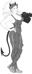 Rule 34 | 1girl, absurdres, bare arms, bare shoulders, breasts, carrying over shoulder, chipped sword, cleavage, cross-laced footwear, crossed legs, demon girl, demon horns, demon tail, dorohedoro, elbow gloves, empty eyes, ghdwid, gloves, greyscale, hand on own hip, hand up, high ponytail, highres, holding, holding knife, holding weapon, horns, jumpsuit, kitchen knife, knee guards, knife, korean commentary, large breasts, lineart, long hair, looking at viewer, mask, mask on head, monochrome, nikaidou (dorohedoro), open mouth, oven mitts, ponytail, shoes, sidelocks, simple background, skin tight, sleeveless, smile, sneakers, solo, standing, tail, weapon