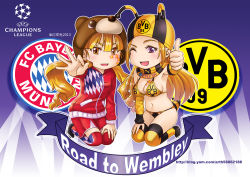 Rule 34 | 2girls, :d, ;d, bikini, blonde hair, blush, borussia dortmund, breasts, commentary, drill hair, fc bayern munchen, ge xi, large breasts, long hair, looking at viewer, midriff, multiple girls, navel, one eye closed, open mouth, personification, puma (brand), purple eyes, scarf, smile, soccer, stomach, swimsuit, uefa champions league, yellow eyes
