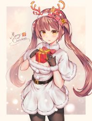 Rule 34 | 1girl, bad id, bad pixiv id, belt, belt buckle, black belt, black gloves, black pantyhose, blush, border, bow, brown hair, buckle, capelet, christmas, commentary request, dress, fur-trimmed gloves, fur trim, gift, gloves, hair bow, hairband, highres, holding, holding gift, looking at viewer, merry christmas, naingnaing, original, outside border, pantyhose, parted lips, red neckwear, sidelocks, solo, teeth, twintails, white border, white capelet, white dress, white hairband