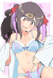 Rule 34 | 2girls, ahoge, bare shoulders, blue bra, blue panties, blush, bow, bow bra, bra, breasts, brown eyes, collarbone, collared shirt, commentary request, groin, hair ornament, hair ribbon, hairclip, hand in another&#039;s panties, highres, lace, lace-trimmed bra, lace trim, long sleeves, medium hair, multicolored hair, multiple girls, murairamuraiari, navel, onii-chan wa oshimai!, open clothes, open mouth, open shirt, oyama mahiro, oyama mihari, panties, red ribbon, ribbon, shirt, small breasts, two-tone hair, two side up, underwear, white shirt, yuri