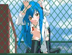 Rule 34 | 1girl, blouse, blue hair, blush, bottomless, breasts, clothed sex, contemporary, doggystyle, hinanawi tenshi, naked shirt, nipples, open clothes, open shirt, sex, sex from behind, shirosuzu, shirt, small breasts, solo, sweat, thighhighs, touhou, white shirt, yellow eyes
