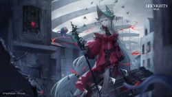 Rule 34 | 1girl, absurdly long hair, arknights, bare shoulders, blue headwear, building, clothing cutout, copyright name, creature, detached sleeves, dress, feet out of frame, hair between eyes, highres, holding, holding staff, long hair, navel, navel cutout, official alternate costume, official art, outdoors, red dress, red eyes, silver hair, skadi (arknights), skadi the corrupting heart (arknights), solo, staff, standing, very long hair, zonotaida