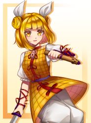 Rule 34 | 1girl, ainozami, arm up, armor, armored dress, blonde hair, blunt bangs, border, commentary, contrapposto, cowboy shot, double bun, drop shadow, gradient background, gradient border, hair bun, hair ribbon, haniwa (statue), holding, holding sword, holding weapon, joutouguu mayumi, leaning to the side, looking at viewer, open mouth, pants, puffy pants, ribbon, shirt, short hair, simple background, solo, standing, sword, touhou, unsheathed, vambraces, weapon, white pants, white shirt, yellow background, yellow border, yellow eyes