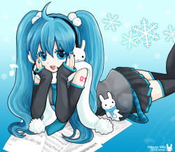Rule 34 | 00s, 1girl, 2008, :d, ahoge, bad id, bad pixiv id, blue eyes, blue hair, character name, colored eyelashes, detached sleeves, earmuffs, hatsune miku, headset, long hair, lying, matching hair/eyes, meow (artist), nail polish, necktie, on stomach, open mouth, pom pom (clothes), scarf, sheet music, skirt, smile, snowflakes, solo, thighhighs, twintails, vocaloid, white scarf