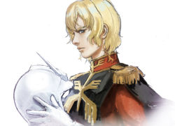 Rule 34 | 1boy, blonde hair, char aznable, from side, gundam, helmet, holding, holding helmet, looking at viewer, looking to the side, male focus, mobile suit gundam, nekkikamille, realistic, simple background, solo, uniform, white background, zeon