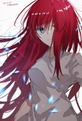 Rule 34 | 1girl, aozaki aoko, blouse, blue eyes, blurry, blurry foreground, closed mouth, dated, hair over one eye, highres, long hair, looking at viewer, red hair, shirt, short sleeves, simple background, smile, solo, sungoidekame, tsukihime, twitter username, upper body, white background, white shirt