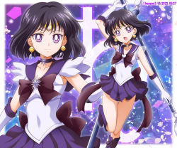 Rule 34 | :o, bishoujo senshi sailor moon, black hair, boots, bow, bowtie, brooch, choker, closed mouth, collarbone, diadem, earrings, elbow gloves, floating hair, gloves, hanzou, heart, heart brooch, highres, holding, holding staff, jewelry, looking at viewer, medium hair, miniskirt, open mouth, pleated skirt, purple bow, purple bowtie, purple choker, purple eyes, purple footwear, purple sailor collar, purple skirt, sailor collar, sailor saturn, sailor senshi uniform, skirt, staff, standing, standing on one leg, super sailor saturn, thigh gap, white gloves
