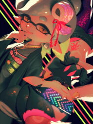 Rule 34 | 2girls, arrow (symbol), artist name, bellhenge, belt, black background, black belt, black collar, black gloves, black hair, black jacket, black shirt, bow-shaped hair, callie (splatoon), cephalopod eyes, collar, commentary, crop top, crossed arms, cup on head, english commentary, eyelashes, food, food-themed hair ornament, gloves, green sash, grey hair, grey kimono, hair ornament, hair ribbon, hand on own chin, haori, inkling, jacket, japanese clothes, kimono, light blush, long sleeves, looking at viewer, marie (splatoon), mole, mole under eye, multiple girls, nintendo, obi, octopus tattoo, open clothes, open jacket, pants, parted lips, pointy ears, purple pants, red ribbon, ribbon, sash, shirt, short hair, siblings, sisters, smirk, spiked belt, spiked collar, spikes, splatoon (series), splatoon 2, stomach, stomach tattoo, sunglasses, sushi, tassel, tassel hair ornament, tattoo, teeth, tentacle hair, tinted eyewear, upper body, upside-down, wide sleeves, yellow eyes
