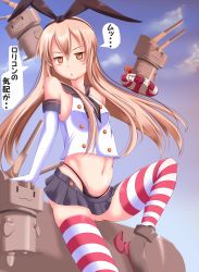 Rule 34 | &gt; &lt;, 10s, 1girl, :3, blonde hair, brown eyes, closed eyes, cloud, elbow gloves, gloves, hair ornament, hair ribbon, highres, hiro (amoto), hiro (phese), innertube, kantai collection, long hair, machinery, microskirt, midriff, navel, panties, personification, rensouhou-chan, ribbon, shimakaze (kancolle), skirt, sky, smile, solo, striped clothes, striped thighhighs, swim ring, thighhighs, translated, turret, underwear