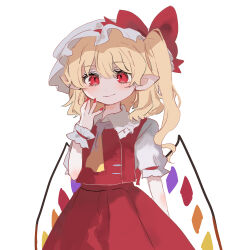 Rule 34 | 1girl, ascot, blonde hair, crystal, flandre scarlet, hand on own face, hat, hat ribbon, highres, mob cap, multicolored wings, one side up, puffy short sleeves, puffy sleeves, ramochi, red eyes, red skirt, red vest, ribbon, short sleeves, side ponytail, skirt, skirt set, solo, touhou, upper body, vest, white background, white hat, wings, yellow ascot