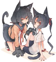 Rule 34 | 2girls, all fours, animal ear fluff, animal ears, animal hands, ankle socks, black hair, black sailor collar, black serafuku, black shorts, black skirt, black socks, bracelet, bright pupils, cardigan, cat ears, cat girl, cat tail, claws, closed mouth, full body, gloves, green eyes, hand on another&#039;s knee, hand up, jewelry, kasa (hitori sanka), knees up, lifted by tail, long hair, long sleeves, looking at viewer, looking back, low twintails, multiple girls, necktie, open cardigan, open clothes, open mouth, orange sweater, original, paw gloves, pleated skirt, red eyes, red nails, red necktie, sailor collar, school uniform, see-through, see-through shirt, serafuku, shirt, short sleeves, shorts, simple background, sitting, skirt, socks, sweater, t-shirt, tail, tail raised, tongue, tongue out, twintails, two side up, white background, white footwear, white pupils, white shirt
