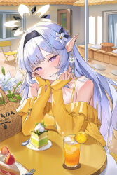 Rule 34 | 1girl, absurdres, alternate breast size, alternate costume, bag, bare shoulders, blue archive, breasts, cake, cake slice, chair, commentary request, cup, dress, drop earrings, earclip, earrings, flower, food, fork, grey hair, grin, hair flower, hair ornament, halo, head rest, head tilt, highres, himari (blue archive), jewelry, kookie, large breasts, long hair, long sleeves, looking at viewer, mole, mole under eye, off-shoulder dress, off shoulder, outdoors, own hands together, pointy ears, purple eyes, sitting, smile, solo, spoon, white flower, white halo, yellow dress