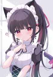 Rule 34 | 1girl, :&lt;, ?, animal ear fluff, animal ears, black dress, black hair, black ribbon, blunt bangs, blush, breasts, cat ears, cat girl, cat tail, closed mouth, commentary request, dress, earrings, hand up, head tilt, heart, highres, jewelry, long hair, looking at viewer, maid, maid headdress, medium breasts, mikaze oto, multicolored hair, neck ribbon, original, ponytail, puffy short sleeves, puffy sleeves, red eyes, red hair, ribbon, short sleeves, sidelocks, solo, streaked hair, tail, tail raised, two-tone hair, upper body, very long hair, wrist cuffs